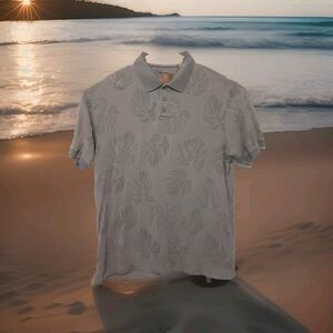 Caribbean Adult Mens L Gray Silk Blend Short Sleeve Polo Shirt Floral